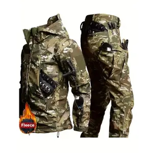 Camouflage Shark 2pcs Set Men's Outdoor Fleece-lined Warm Jacket Soft Shell Jacket Multi-pocket Wear-resistant Work Pants Suit Thickened Winter Suit Without Accessories