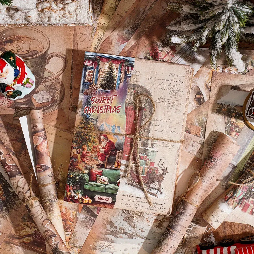 160pcs Christmas Craft Paper Set Vintage Christmas Festival Non-Sticky Large Sheets 160 Different Patterns for Journaling Scrapbooks Planner Accessories Holiday DIY Stationery Lovers Office Supplies