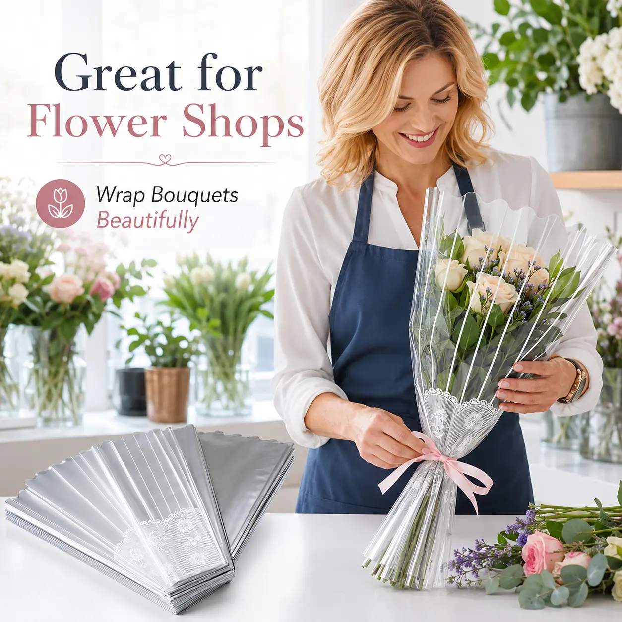 100PCS Clear Flower Wrap Bags for Bouquets, Elegant Floral Sleeves with Silver Back & Lace Print, Bouquet Packaging Supplies for Florists, Gifts, Weddings & Events