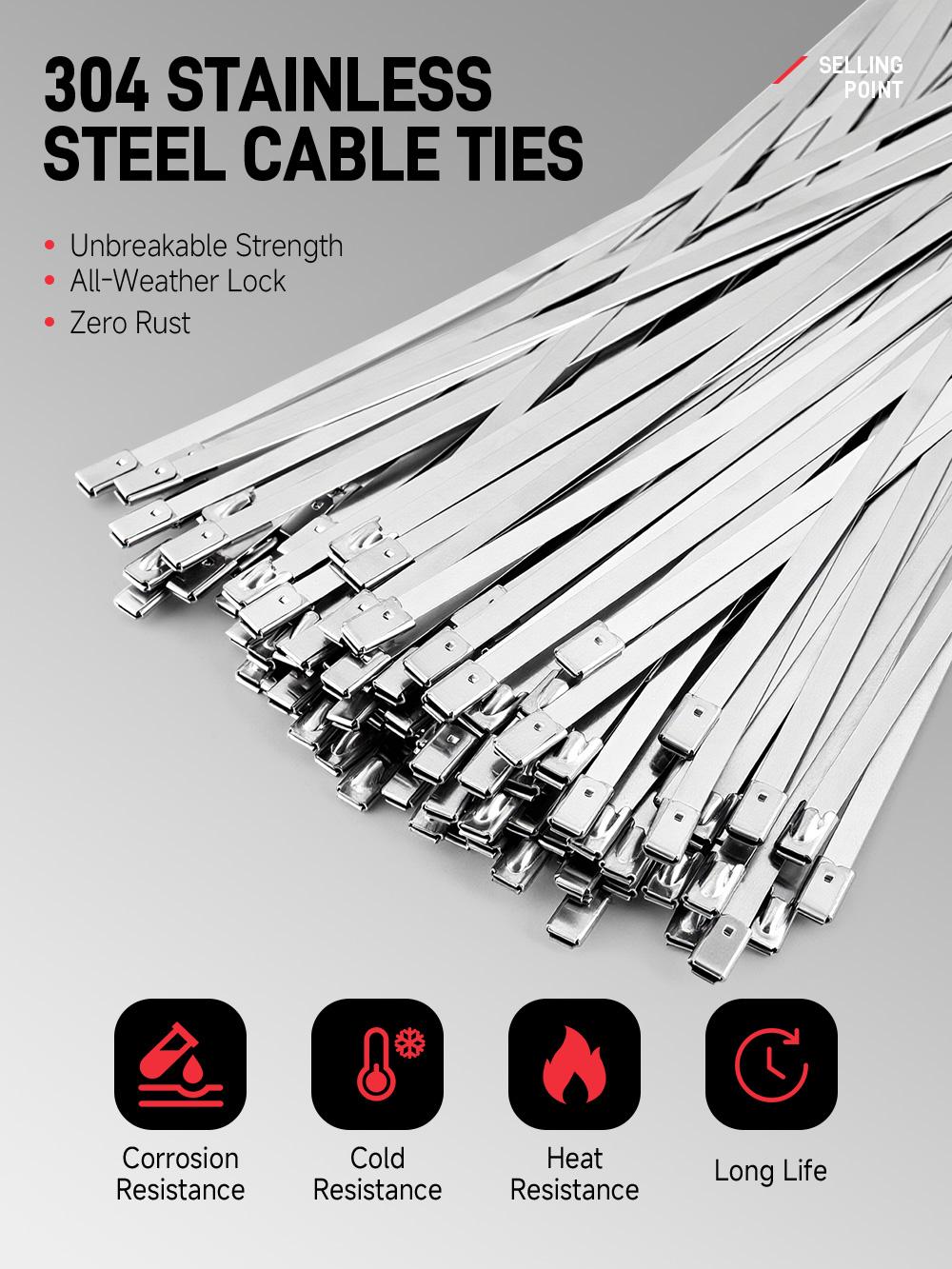 Stainless Steel Cable Tie Gun Kit with 100PCS 11.8" UV-Resistant 304 Heavy Duty Zip Ties for Chain Link Fences Exhaust Pipes Outdoor Use 200LBS Tensile Strength for Garage & Garden
