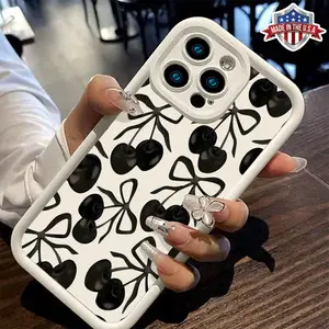 Cute Black Cherry Bow Pattern Case for iPhone 17 16 15 14 Pro Max 13 12 11 XR XS Plus Air Slim Shockproof Anti Drop TPU Cover