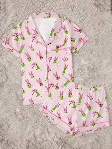 Bobs Burgers Family Cute Burger Print Lapel Short Sleeve Shorts Fitted Pajama Set, Comfortable Outerwear Party Gift Home Wear