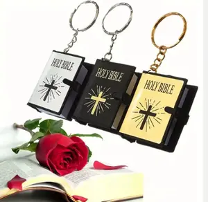 Mini English Holy Bible Keychain with Cross Cover Pocket Scripture Book Keyring in Gold Silver and Black Options