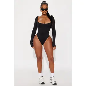 Contour Double Lined Long Sleeve Wide Scoop Neck Bodysuit - Black