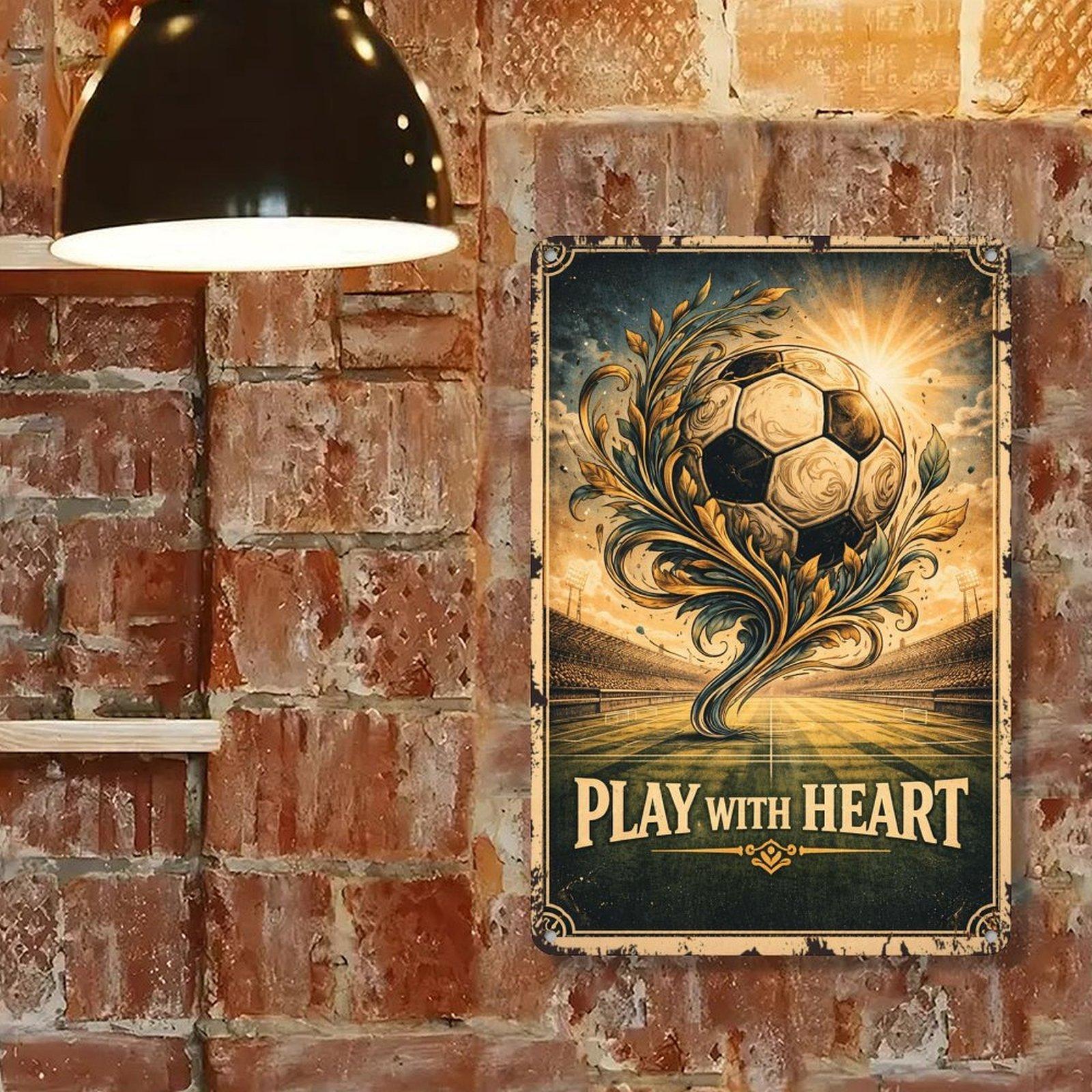 Vintage Soccer Art Print – Play with Heart – Retro Football Poster for Home, Office, or Sports Room