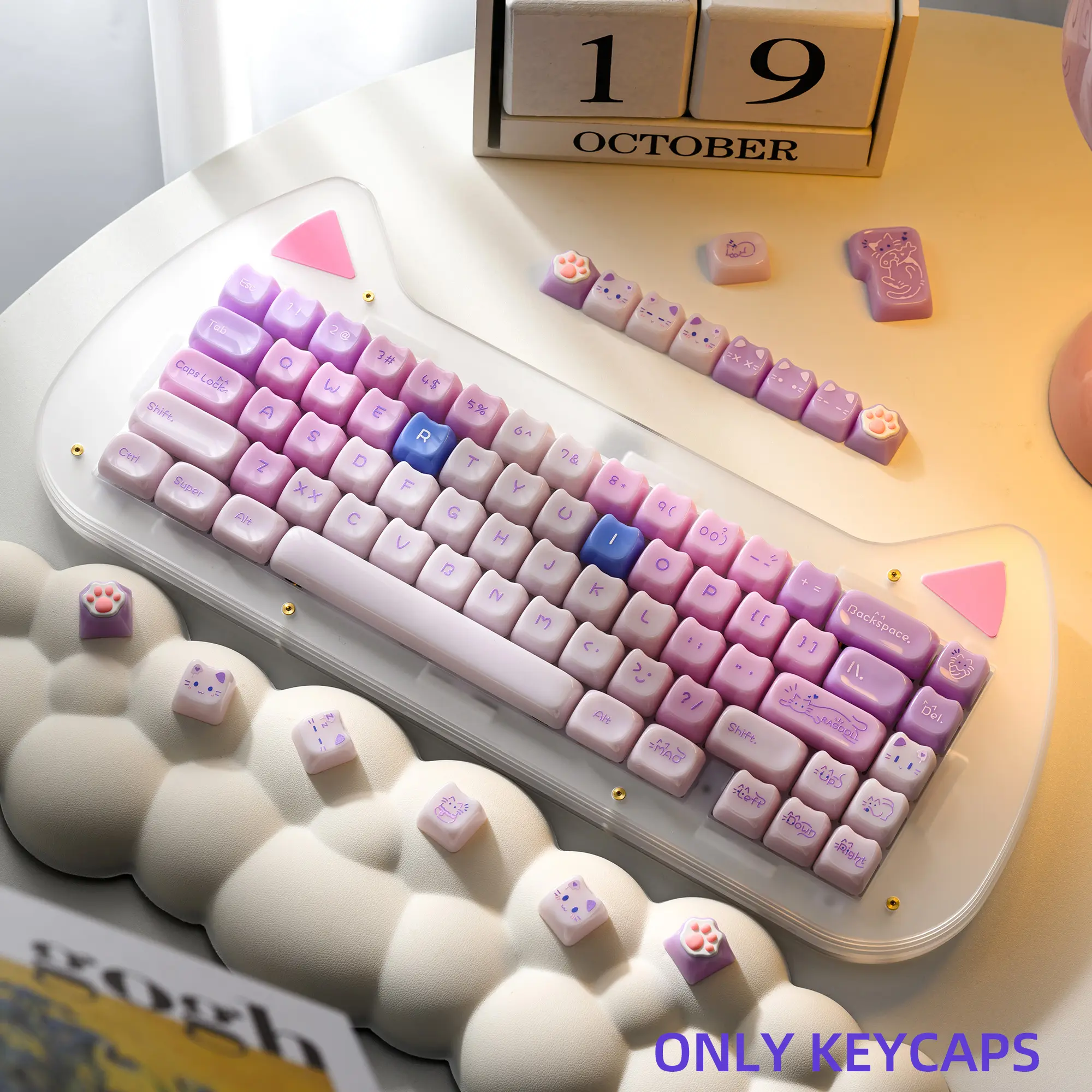 XVX Lavender Pink Cat MAO Profile Keycaps Smooth Cute 148-Key for Keyboard 61 64 68 78 87 96 98 104 108（only keycap, not include a keyboard）