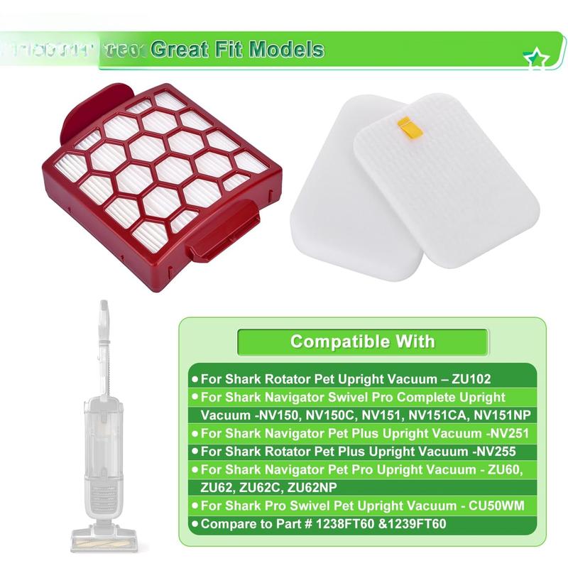 Filter Replacement for Shark Navigator Pet Pro Plus NV150 NV151 NV251 ZU51 ZU62NP Rotator ZU102 NV255 Zero-M ZU60 ZU62 Upright Vacuum, Part # 1238FT60 & 1239FT60, 2 HEPA + 6  &Felt Filters