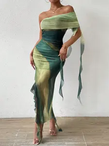 Ombre Print One Shoulder Ruched Ruffle Trim Dress Maxi Women Outfit Casual Comfort Minimalist Fashion Womenswear
