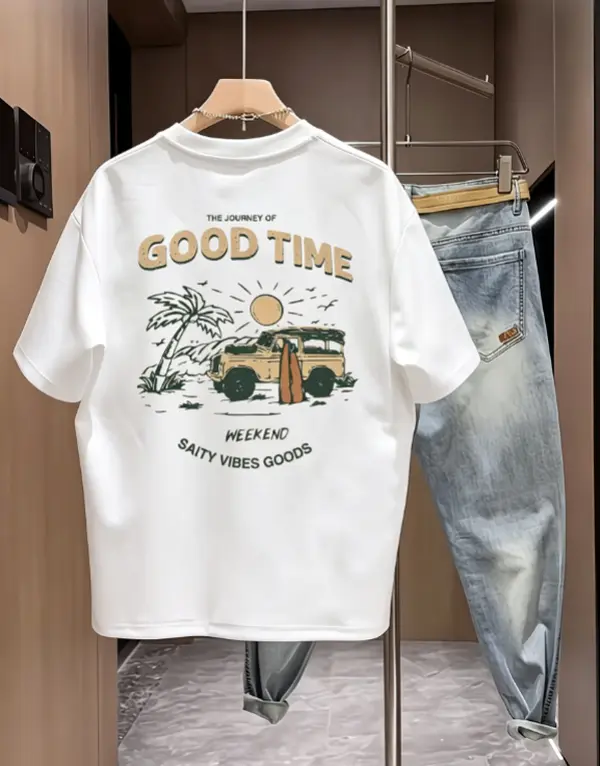 Unisex Vintage Beach SUV Palm Tree Graphic Cotton T-Shirt - Loose-Fit Shortleeve, Summer Tropical Vacation Streetwear Top for Men & Women, Shortsleeve