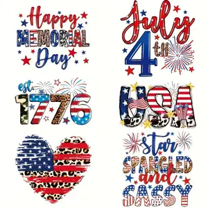 6 Pack Large Patriotic 4th of July Iron On Heat Transfer Vinyl Patches DIY Fabric Decals for T Shirts Jeans Masks Backpacks Hats Crafts Washable No Sewing Reusable Durable Vibrant Colors
