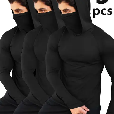 3 Pack Men's Compression Hooded Balaclava Long Sleeve Shirt, Gym Clothes Workout, Activewear, Compression Baselayer, Quick Dry Sun Protection Hoodie with Thumb Holes, Breathable Base Layer for Workout, Cycling, Fishing, Activewear Fitness