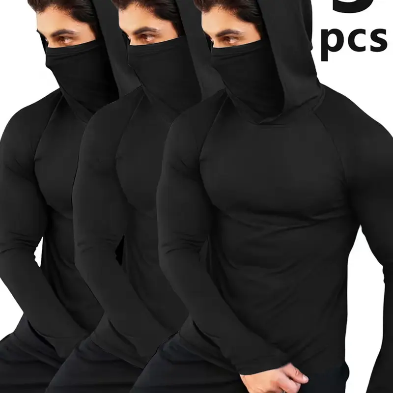 3 Pack Men's Compression Hooded Balaclava Long Sleeve Shirt, Gym Clothes Workout, Activewear, Compression Baselayer, Quick Dry Sun Protection Hoodie with Thumb Holes, Breathable Base Layer for Workout, Cycling, Fishing, Activewear Fitness