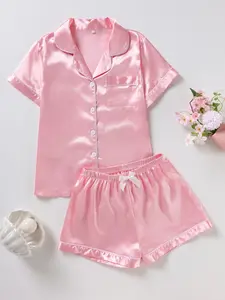 Women's Satin Sleepwear Set, Soft Silk Fabric, Comfortable Loose Fit Button-Up Short Sleeve Top & Shorts, Elegant Ladies' Nightwear Pajamas