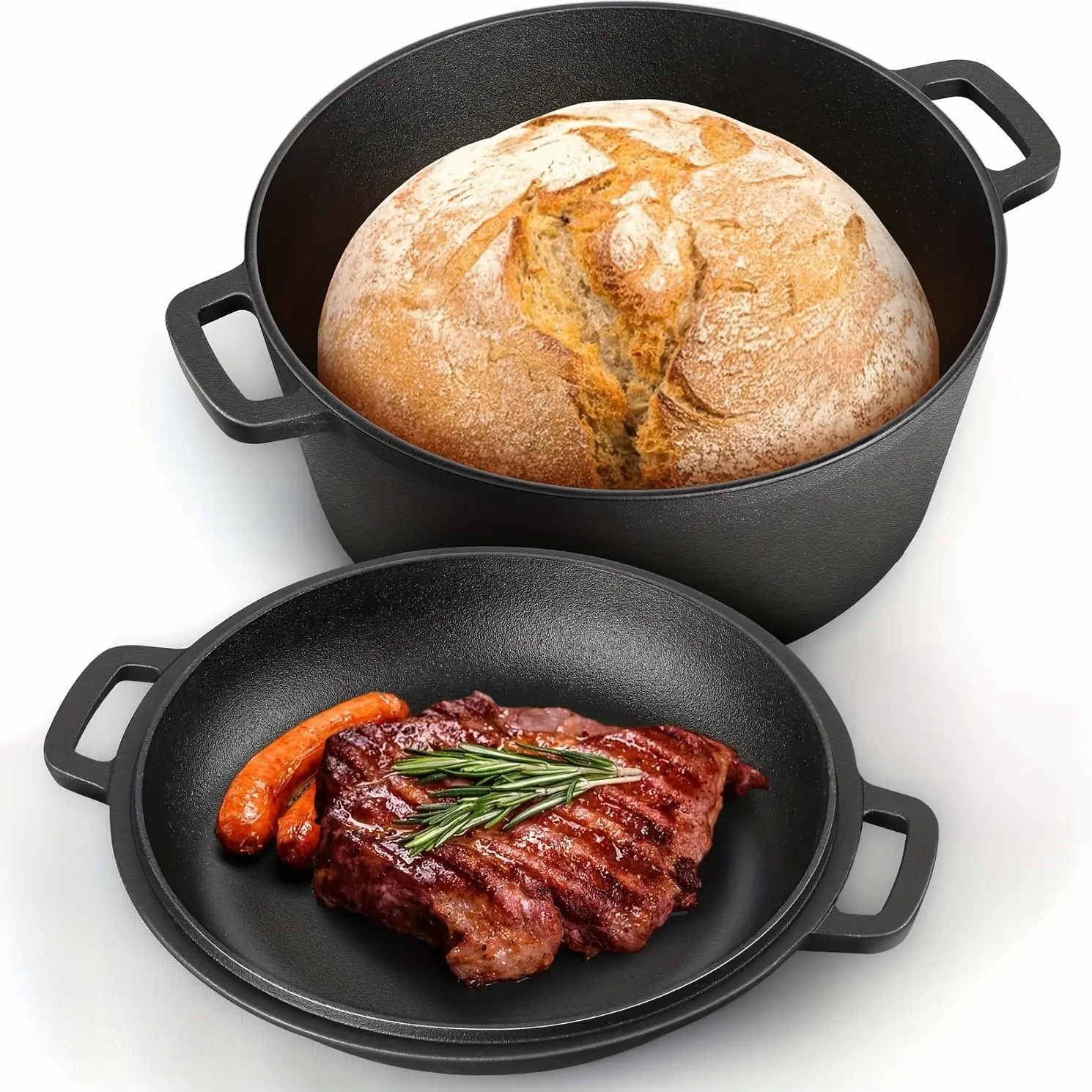 Professional 2-In-1 Pre-Seasoned Cast Iron Dutch Oven And Skillet Lid Set | Hand-Forged Rust-Resistant Design | Indoor/Outdoor Multi-Purpose Cookware for Baking, Camping, Stovetop And BBQ | 5QT Heavy-Duty Cast Iron Pan