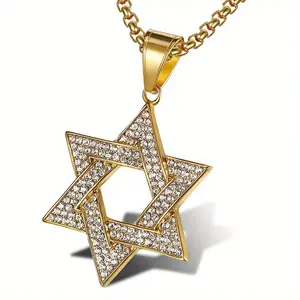 Stainless Steel 6 point Star Cubic Zirconia Iced Pendant & 24" Rolo Chain Bling Necklace Jewelry for Unisex Men Women - GOLD/SILVER