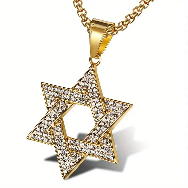 MaxBling81 Unisex 6-Point Star Stainless Steel Iced Pendant Necklace with 24" Rolo Chain, Gold/Silver Chain Accent Costume Jewelry for Daily Wear, Chain Accent Necklaces