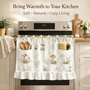 Handmade Oven Skirt Curtain with Pockets, Multi-Functional Stove Cover, Farmhouse Plant Print Kitchen Decor, Spring Door Curtains