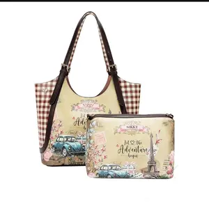 Nikky Parisian Adventure Tote & Pouch Set - Chic Checkered Design with Eiffel Tower & Vintage Car Motif - Perfect for Travel & Daily Use
