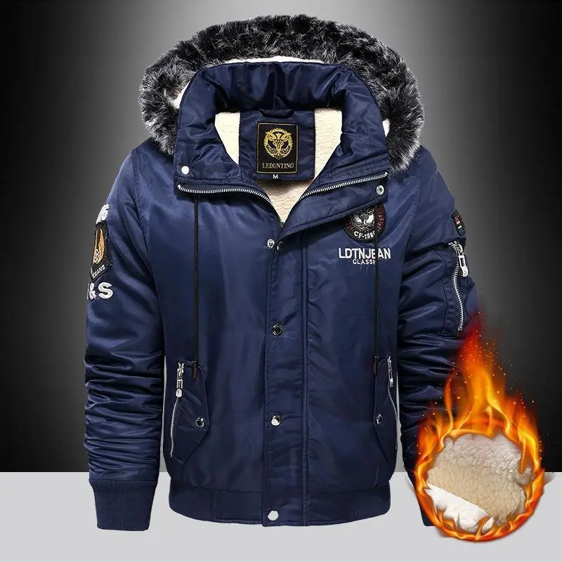 Men's Fleece-Lined Jacket with Fur Collar Warm Winter Outerwear for Cold Days Cozy Comfortable Design Coats