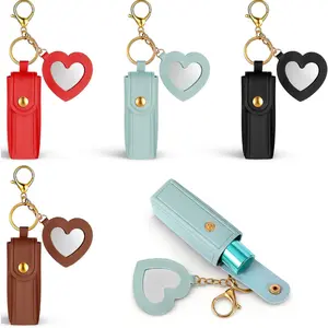 4 Pcs PU Leather Lipstick Holder Keychain, Lip Balm Holder with Mirror, Potable Lipstick Keychain Case Organizer, Lip Gloss Keychains Holders, Travel Storage Case for Women
