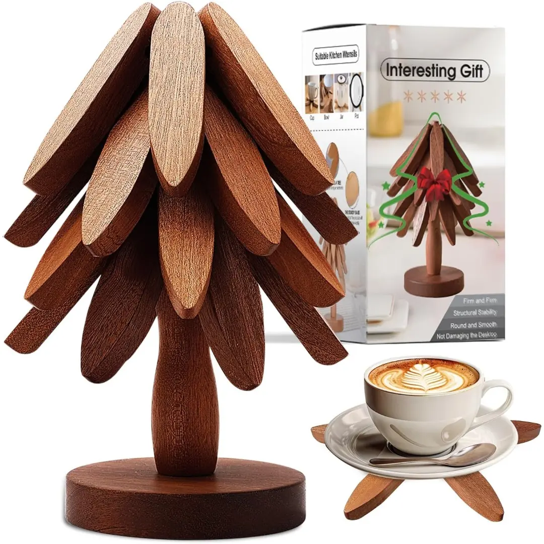 Solid Wood Trivets Set, Coasters for Table - 4 Pieces + 1 Stand for Hot Dishes, Pans, Kitchen Tableware Use