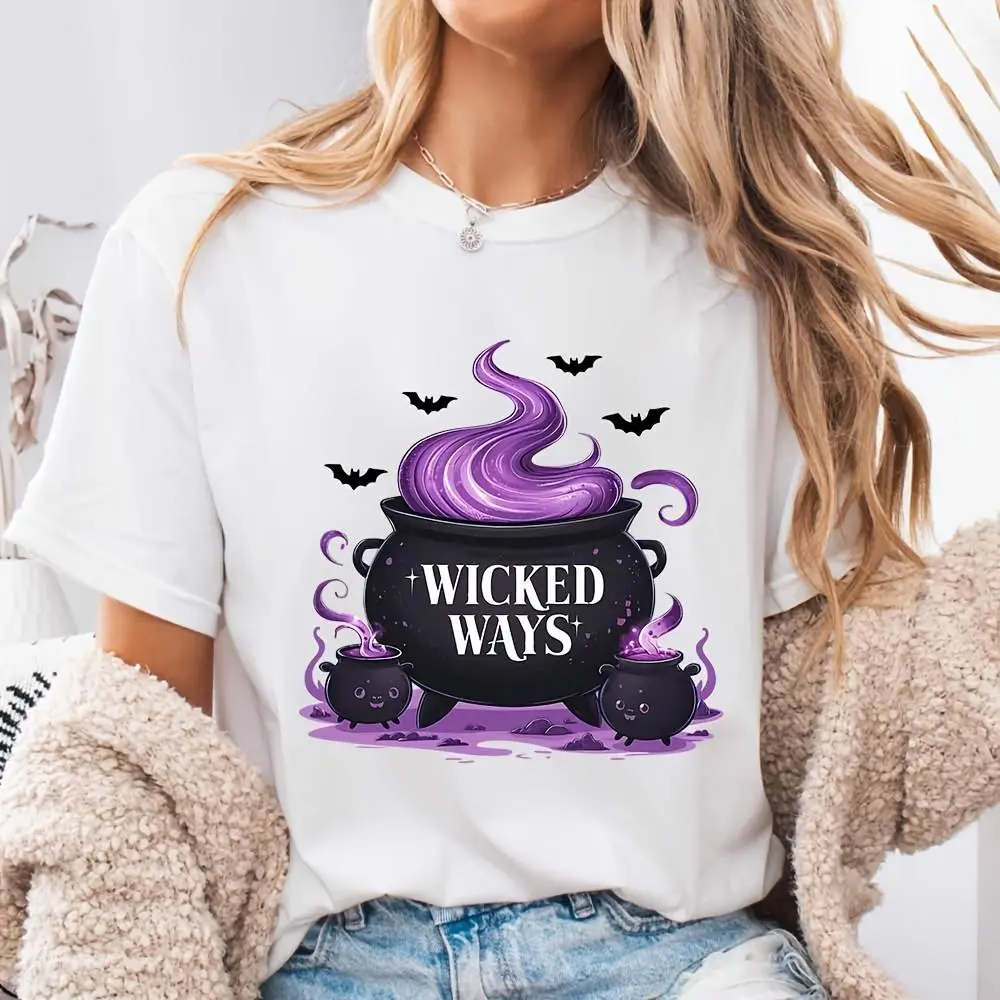 Wicked Ways Cauldron Print Women's T-Shirt, Halloween Witch Theme, Party Costume Casual Wear
