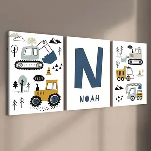 3-Pack Wood Frame Canvas Art, Blue Excavator Truck Poster, Modern Living Room Decor, Waterproof, Gift for Bedroom Office Corridor