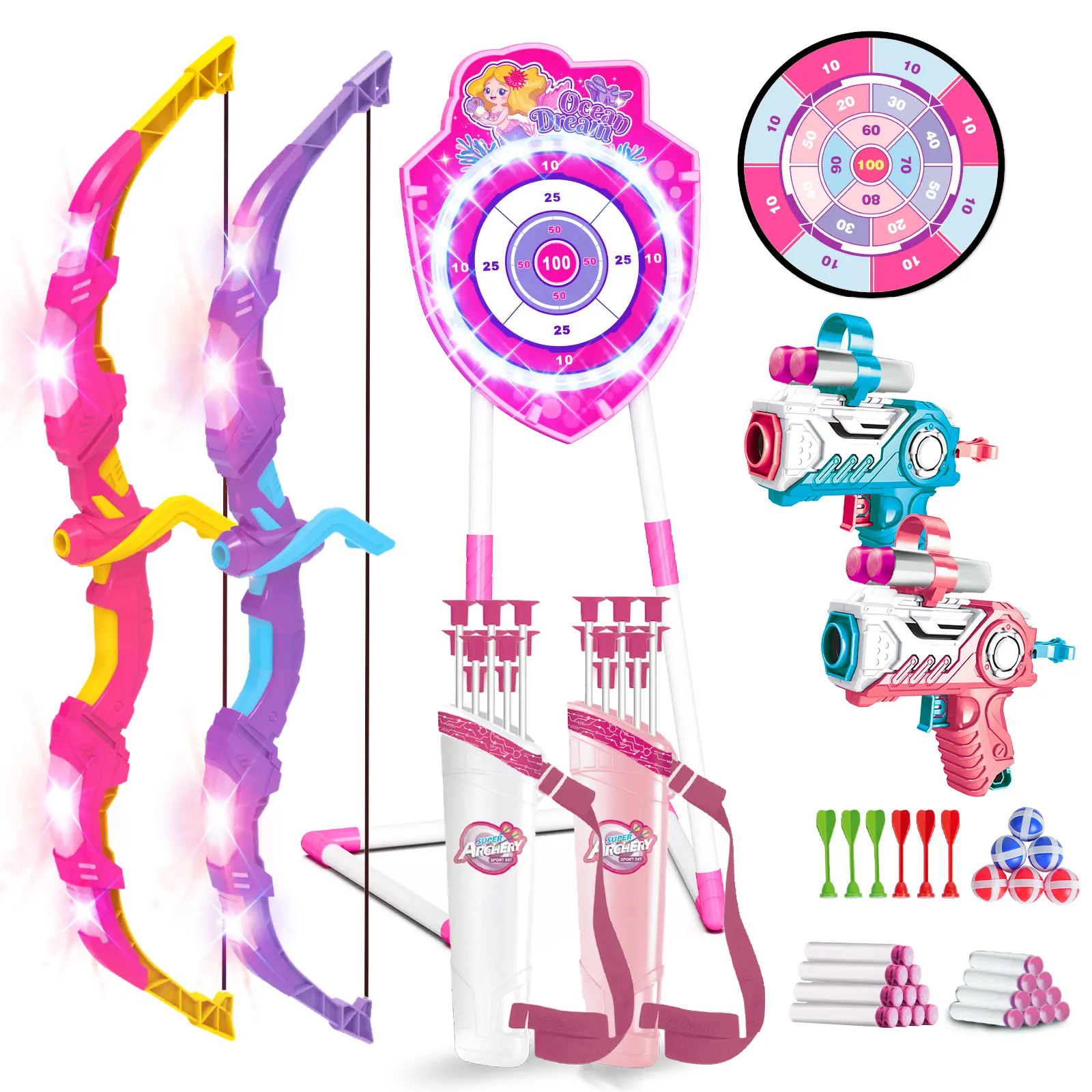 VATOS 2 Pack Bow and Arrow Toy with LED Light - 4 in 1 Archery & Dart Game Set with 20 Suction Cup Arrows, Mermaid Glow Target & Dart Board - Indoor/Outdoor Birthday Gift for Kids Boys Girls Ages 5-12