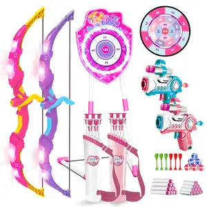 VATOS 2 Pack Bow and Arrow Toy with LED Light - 4 in 1 Archery & Dart Game Set with 20 Suction Cup Arrows, Mermaid Glow Target & Dart Board - Indoor/Outdoor Birthday Gift for Kids Boys Girls Ages 5-12