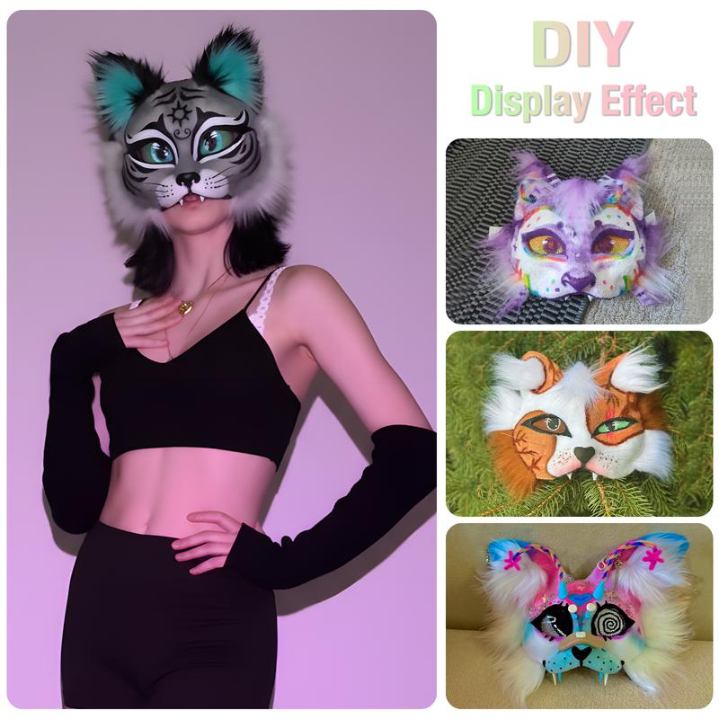 Cat Fox Therian Masks 37PCS with Felt Furs Eye Meshes Costume Furry Masks to Paint, Animal Mask Arts Crafts Kit, Dress Up DIY for Halloween Christmas Cosplay Party Interaction