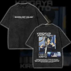 Sword Art Online Kirito Karigaya Kazuto SAO Japanese Anime Manga Oversized Graphic Tee Vintage Y2K Trendy Design Casual Printed Acid Washed Cotton T-Shirt Unisex Streetwear Essential, Apparel Classic Crewneck Top Manga Men