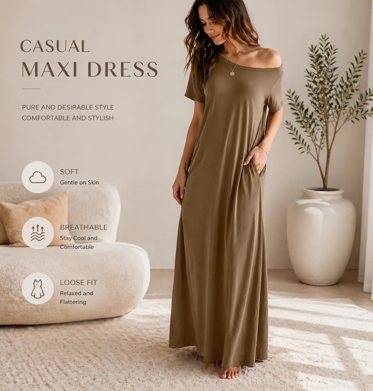 Women's Casual Maxi Dress - Short Sleeve Loose Fit Long Dress with Pockets, Soft Breathable Off Shoulder Summer Dress for Everyday Wear summerwins red dress