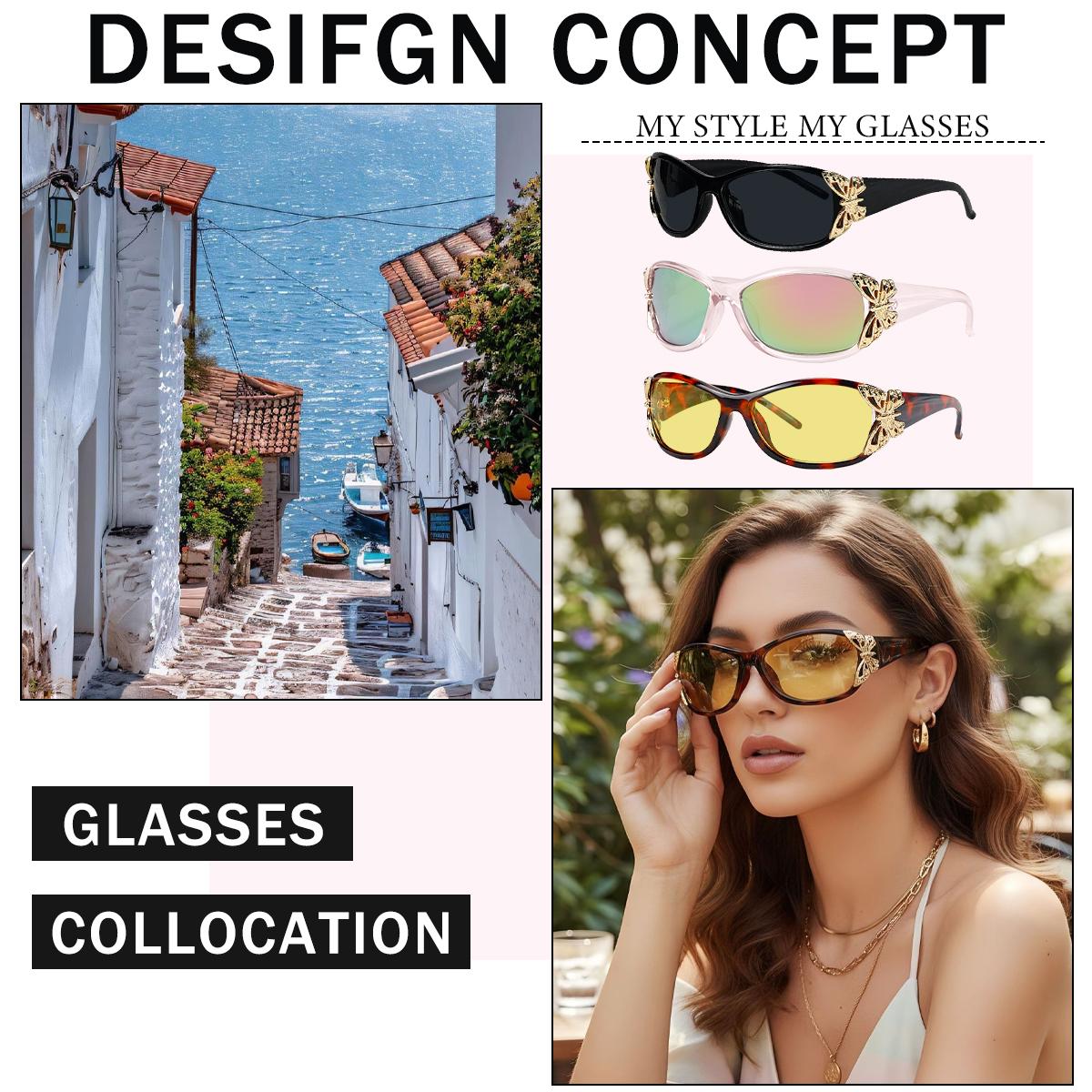 3 Pairs Y2K Sunglasses for Women, Fashion Wrap Around Butterfly Design Sun Glasses with UV400 Protection