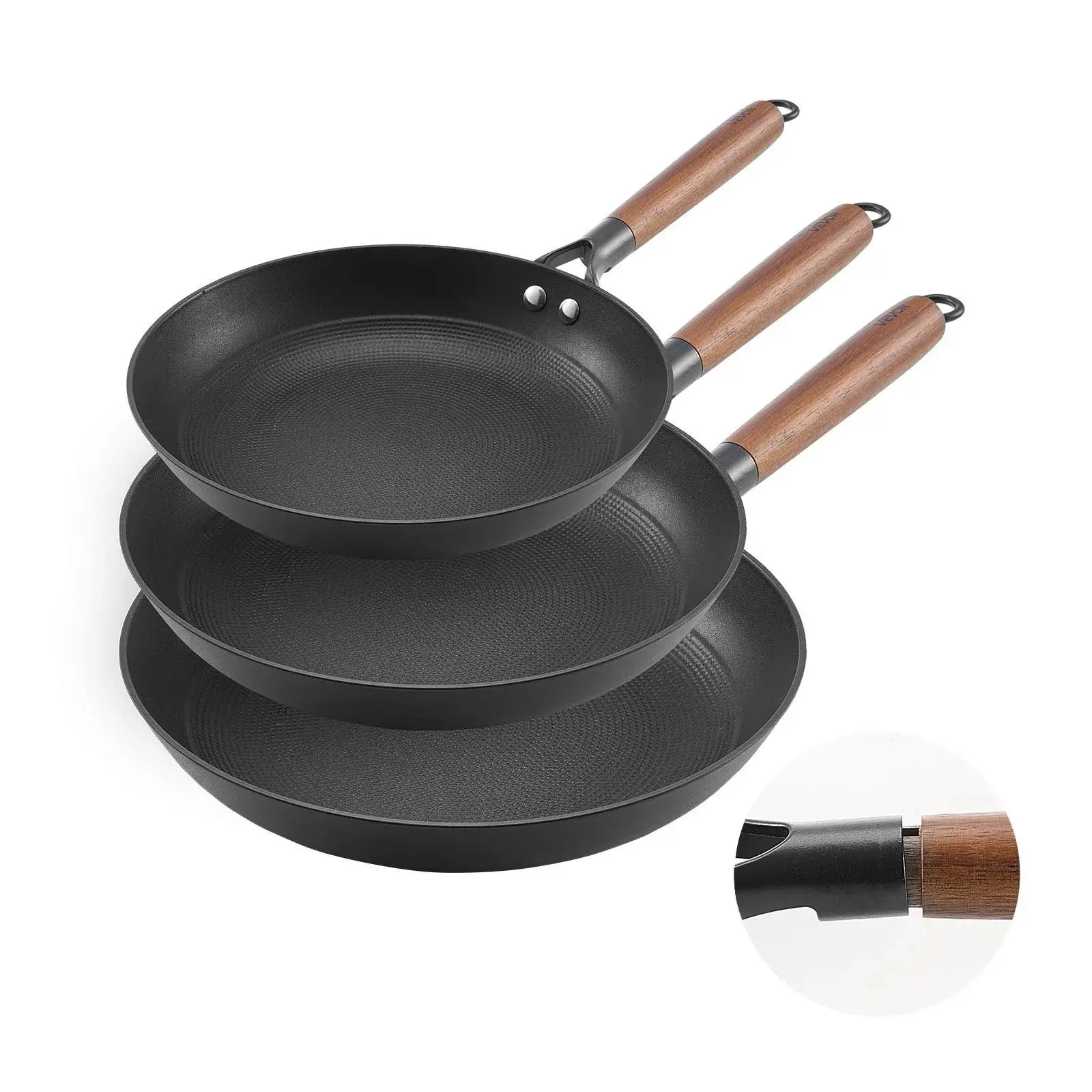 VEVOR 3-Piece Cast Iron Cooking Pans Set (8,10,12 in) - Nonstick Detachable Pans & Woks with Wood Handle, Pre-Seasoned Durable Cookware Built to Last for Gas, Electrical, Induction Stoves, Black