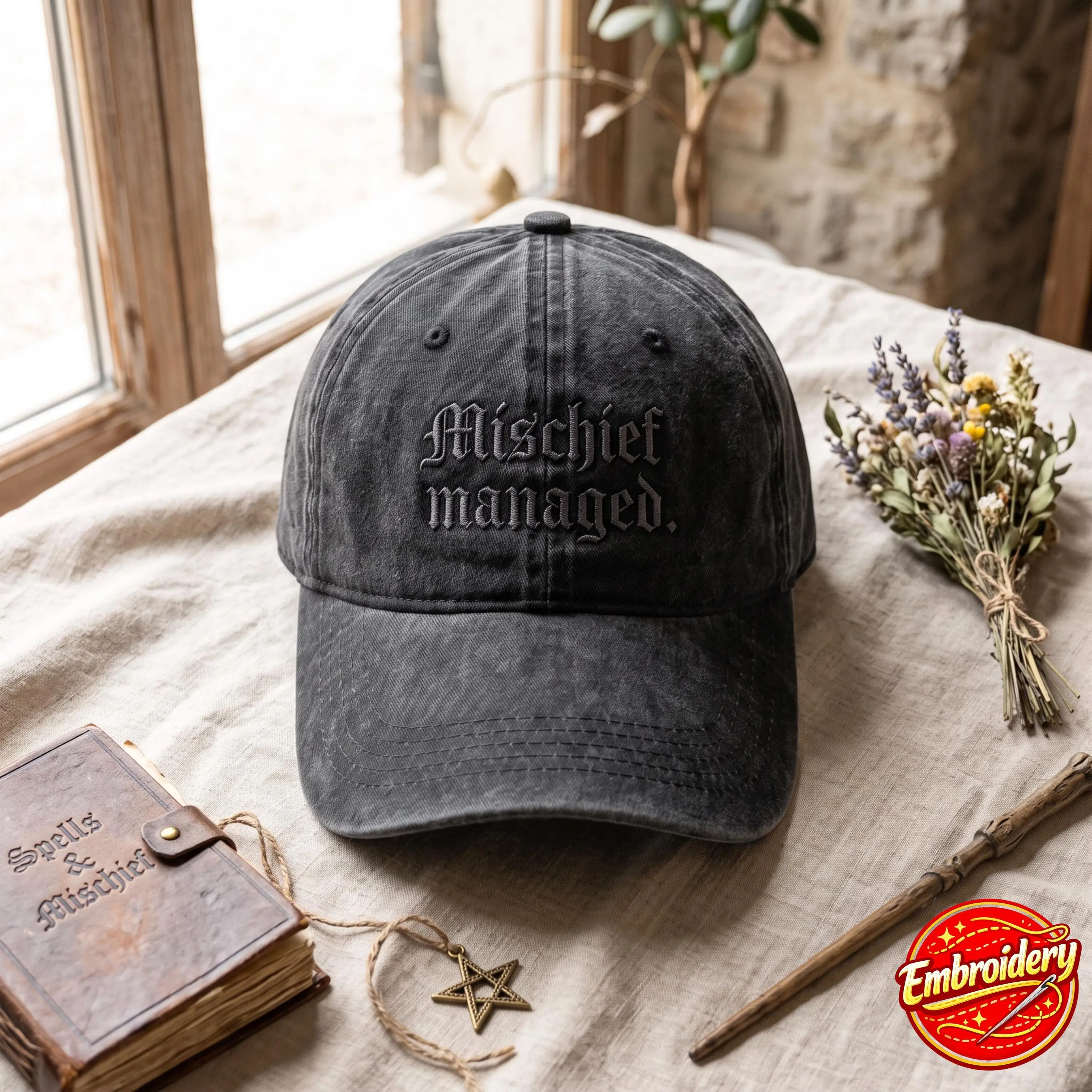 Embroidered Washed Book Cap - Wizarding World Themed Hat for Fantasy Lovers, Universal Studios Accessory Gift