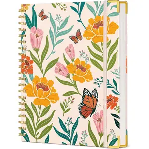 Cute Spiral Notebook Journal for Women 200 Pages Lined 8.5”x11” A4 Large Hardcover Spiral Journal with 100 GSM Thick Paper College Ruled for Writing Work School Orange Floral
