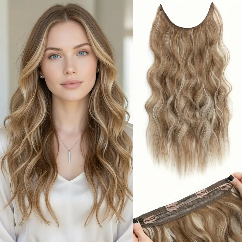 Befunny Halo Hair Extensions 22 Inch Wavy Invisible Wire Hair Extensions for american style Women, Clip in Hair Extensions with Transparent Wire Adjustable Size,Soft Full Head Synthetic hairpiece