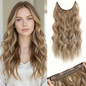 Befunny Halo Hair Extensions 22 Inch Wavy Invisible Wire Hair Extensions for american style Women, Clip in Hair Extensions with Transparent Wire Adjustable Size,Soft Full Head Synthetic hairpiece