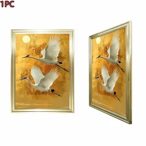 1pc Framed Gold Frame Golden Frame White Cranes Flying Canvas Art Print For Living Room Bedroom And Study Decor With Elegant Oriental Style