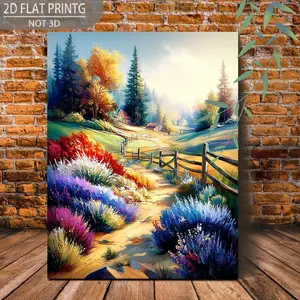 2D Flat, 2D Flat, 1pc 2D Flat Wooden Framed Canvas Painting| Vibrant Colorful Countryside Landscape Art Prints for Bedroom Living Room Home Decor, Bright Sunlit Pathway with Fence, Lush Flowers, Pine Trees, Cottage Scenery, Classic Style, Reusable	