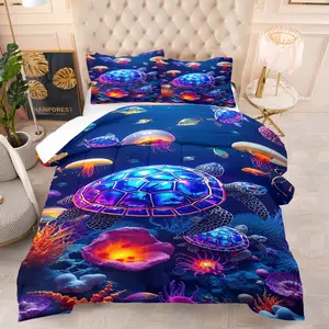 Neon Sea Turtle & Jellyfish Comforter Set, Vibrant Ocean Themed Bedding Set, 3D Digital Print Bed Set with Includes 1/2 Pillowcases - without Core, Soft Microfiber Bedding, All Season Cozy Quilt for Marine Lover Bedroom Decor Bedding Set