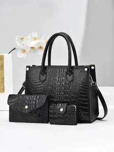 New Elegant Women's Combo Bag, Crocodile Pattern Tote, Versatile Handbag, Classic & Stylish, Durable, Large Capacity, Shoulder & Crossbody