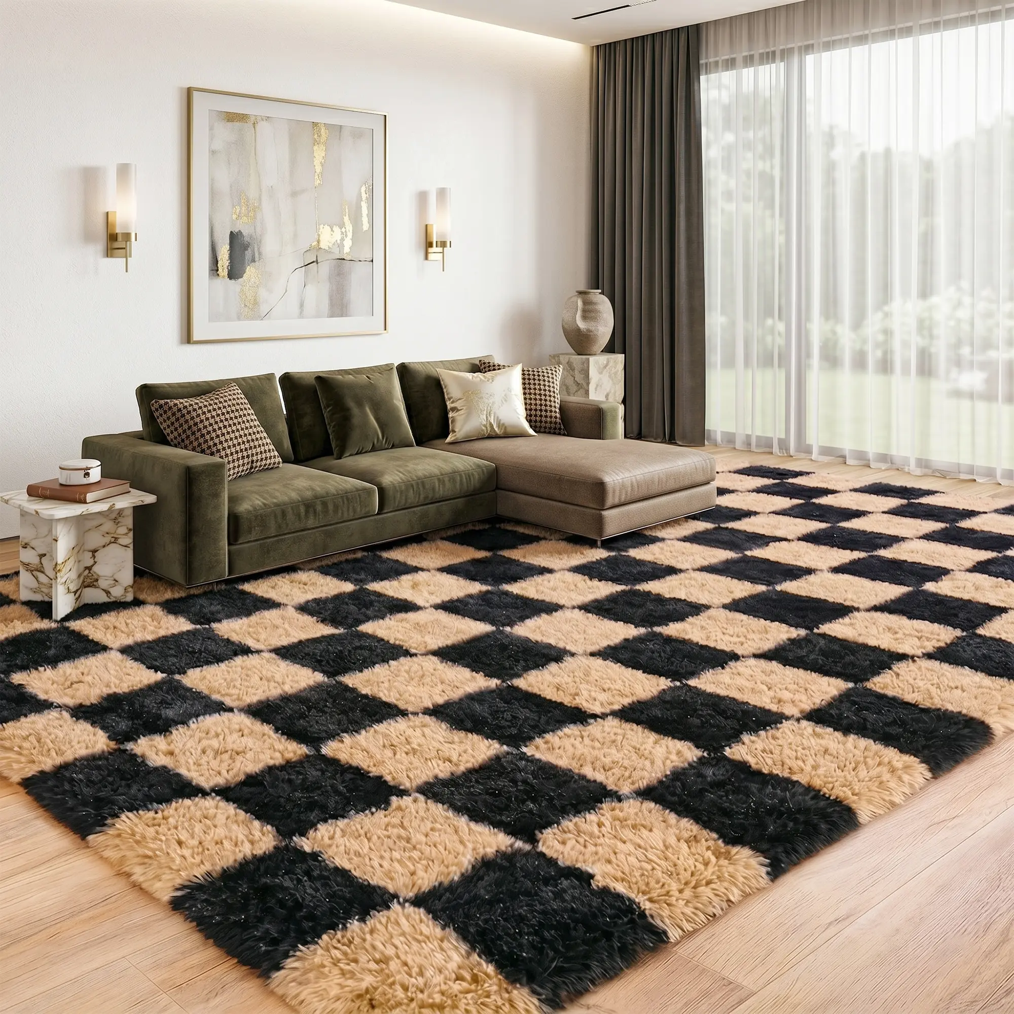 Colla Soft Fluffy Large Rectangle Area Rug - Checkered Plush Shag, Anti-Skid Durable Contemporary Fuzzy Home Decor Soft Rug Decor for Living Room, Bedroom, Contemporary Rugs