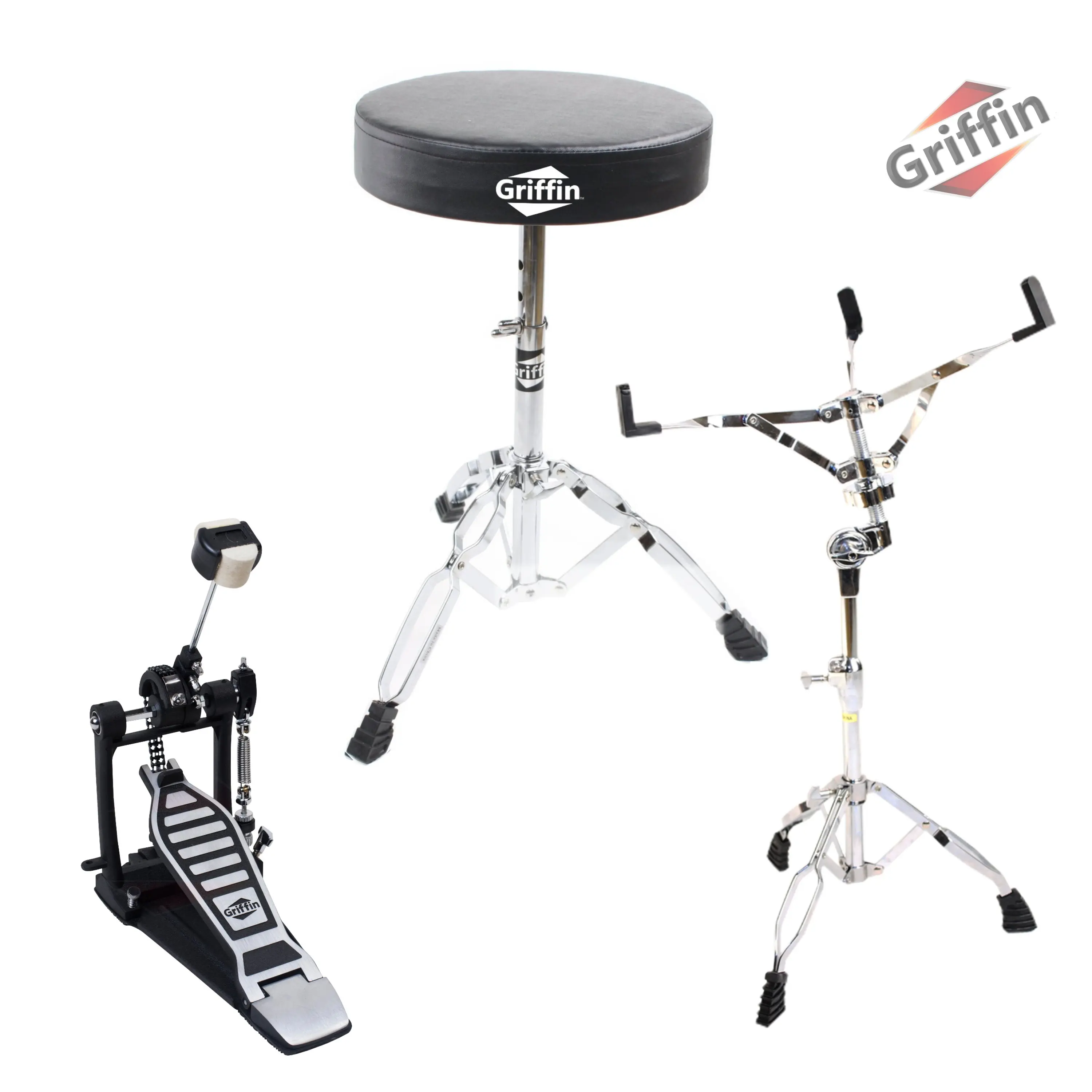 GRIFFIN 3 Pack Set- Single Kick Bass Pedal, Drum Throne & Snare Stand Set by GRIFFIN | Double Chain Foot Percussion Hardware Kit for Intense Play | Comfortable Drum Seat Percussion Chair for Adults