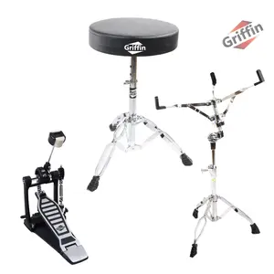 GRIFFIN 3 Pack Set- Single Kick Bass Pedal, Drum Throne & Snare Stand Set by GRIFFIN | Double Chain Foot Percussion Hardware Kit for Intense Play | Comfortable Drum Seat Percussion Chair for Adults