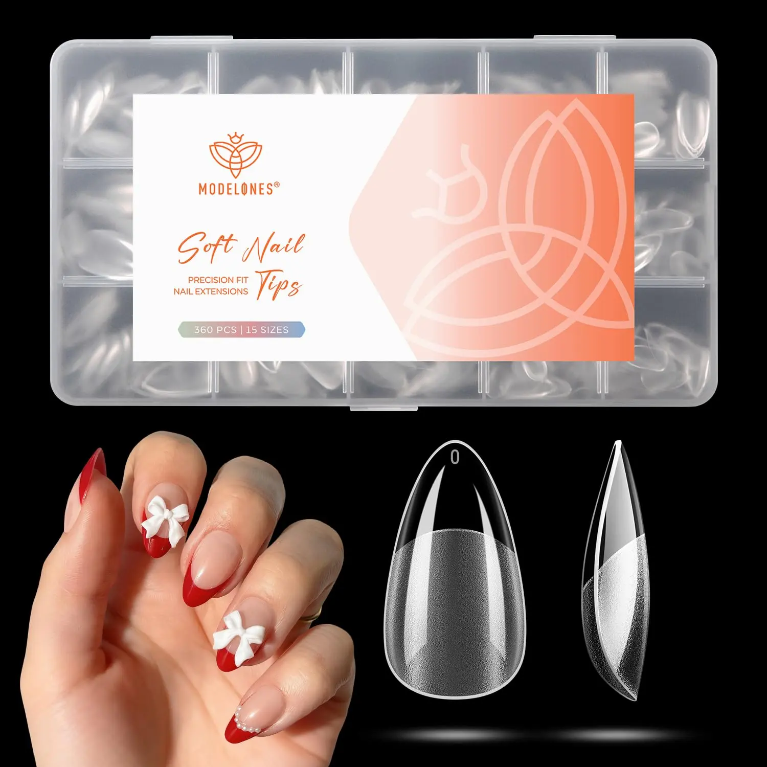Modelones Short Almond Nail Tips 360pcs Clear Pre-etched Fake Press On Nail | Clear Soft Full Cover Half Matte Acrylic Gel Tips Extension for Salon & Home Use 15 Sizes
