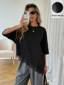 Summer Knitted Round Neck Short Sleeve Top, Loose Fit Asymmetrical Hem Lace Trim, Soft Breathable Women's Casual Shirt, Womenswear