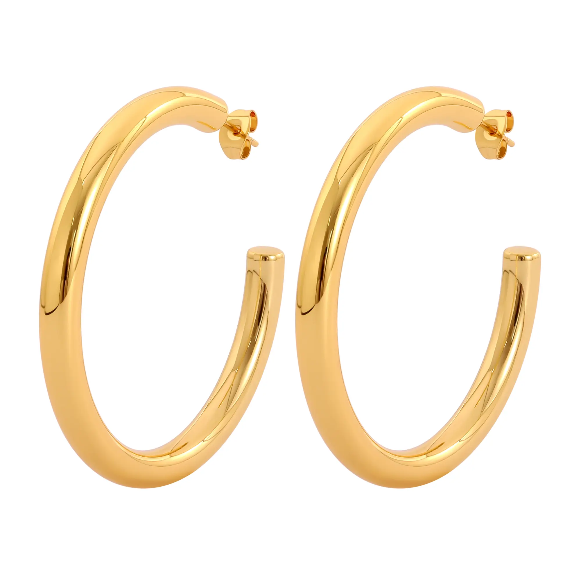 Hollow Tube Hoop Earrings for Women by Ginger Lyne | 2 Inch Lightweight Gold Plated or Unplated Silver Tone Stainless Steel  | Butterfly Back Drop Style Fashion Jewelry for Her