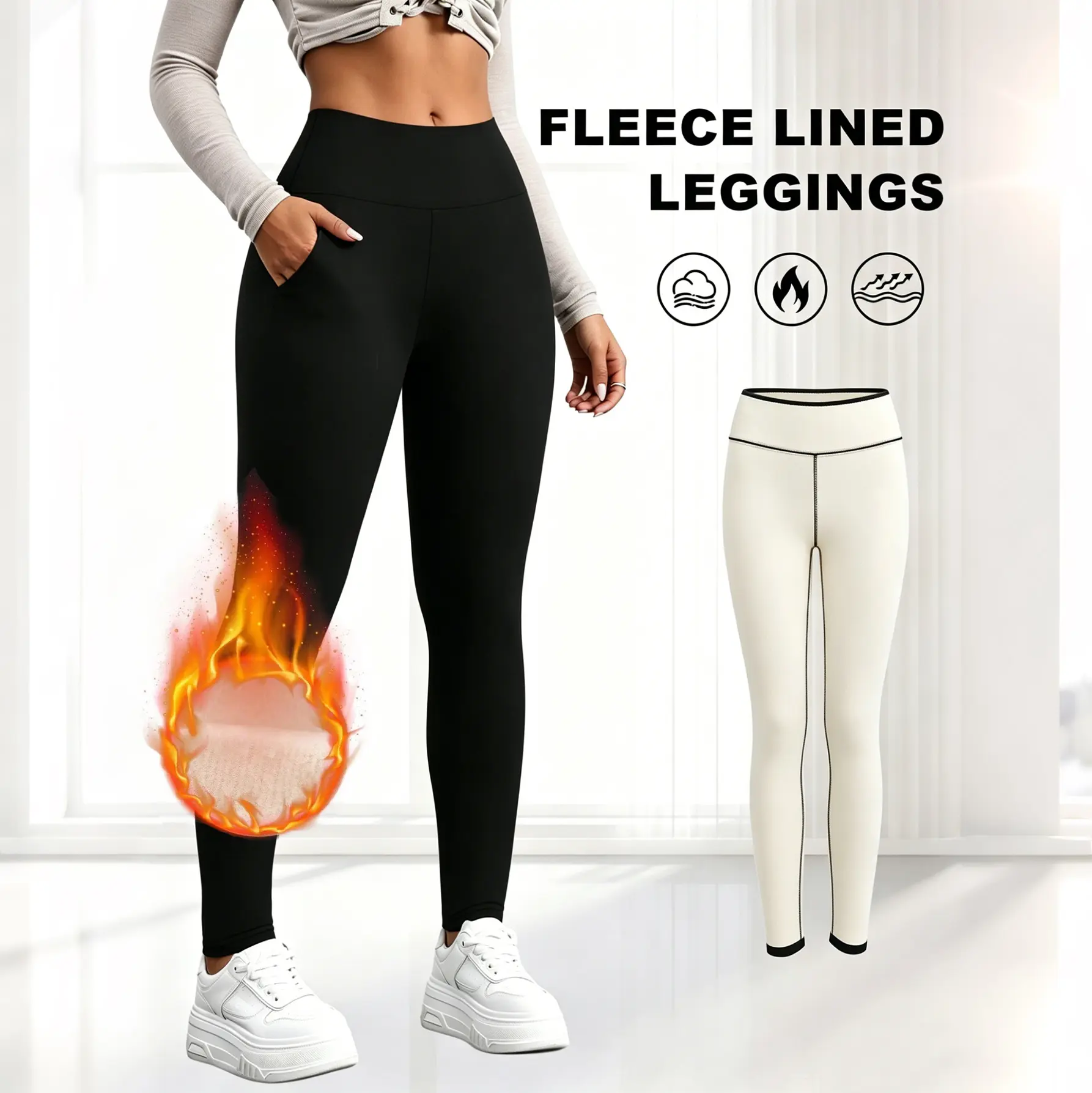 Women's Fleece Lined High Waisted Plain Leggings - Thermal Warm, Body Control Activewear Sports Bottoms for Yoga, Hiking - Soft Tummy Control Winter Women's Clothes