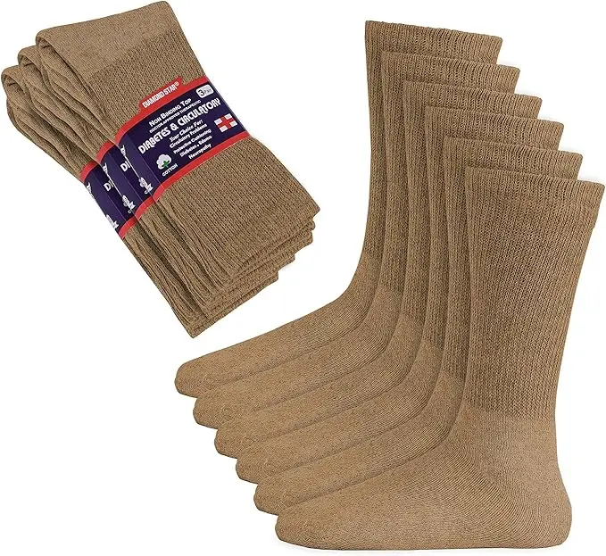 DIAMOND STAR 12 Pairs Diabetic Socks, Non-Binding Circulatory Cushion Cotton Crew Diabetic Socks for Men Women Menswear 10-13 Khaki